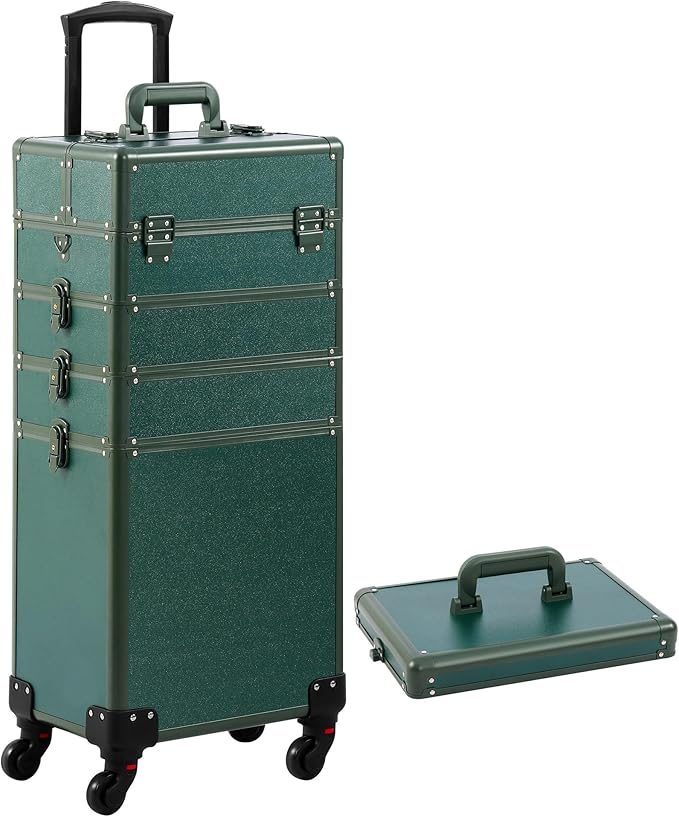 Makeup Train Case, Rolling Makeup Case with Lid, 5 in 1 Cosmetology Case on Wheels, Christmas Gift, Large Makeup Case Organizers, Profesional Cosmetic Case for Salon Barber, Green