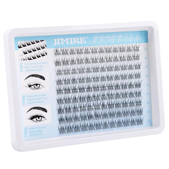 JIMIRE Natural Self Adhesive Eyelashes Wispy Pre Glued Lash Clusters No Glue Needed Press on Lashes Reusable Self Adhesive Lash Clusters Easy to Apply 9-12MM 108Pcs Pack