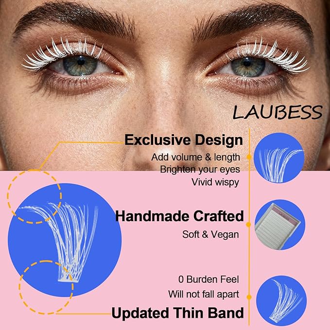 Colored Lash Clusters LAUBESS White Colored Eyelash Clusters Wispy Colored Lash Extensions Colorful Lash Clusters Individual Lashes (White 40D-0.07D-Mix8-16)
