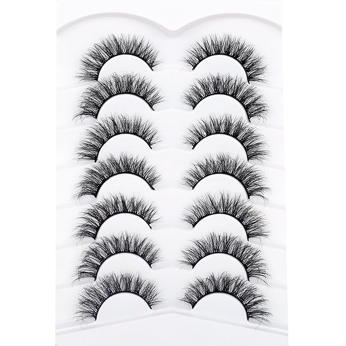 Pooplunch Natural False Eyelashes Cat Eye Look Wispy Clusters 8D Volume Fake Eyelashes Faux Mink Lashs Strips 7 Pairs Pack