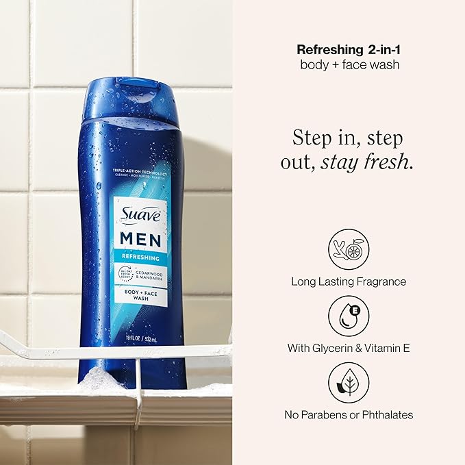 Suave Men Moisturizing Body & Face Wash, With Cedarwood and Mandarin Scent, No Parabens, No Phtahaltes, 18 Oz Pack of 6