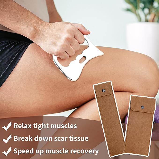Muscle Scraper Tool, 4 in 1 Gua Sha Body Tool with Long Bar and Derma Edge for Physical Therapy, Multi-Functional Stainless Steel Gua Sha Tool with Storage Bag for Elbows, Wrists, Knees, and Back