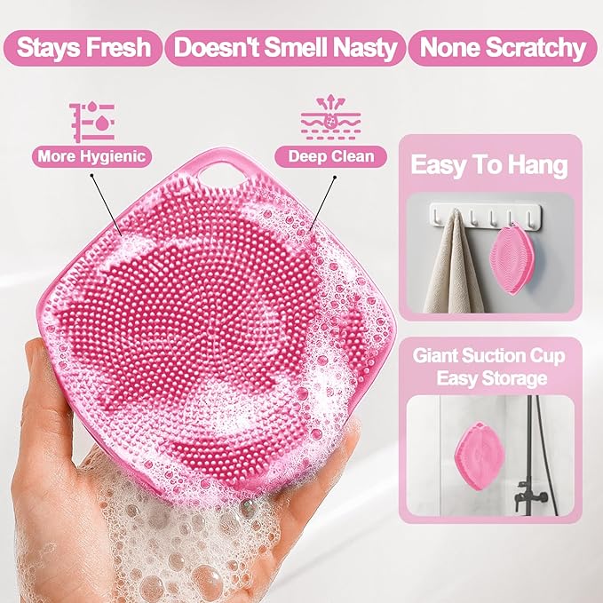 Silicone Body Scrubber with Suction Cup, Gentle Texture Exfoliating Body Scrubber for Men and Women On Sensitive Skin, Build Up Lather, Deep Skin Clean (Body+ Face Scrubber Pink)