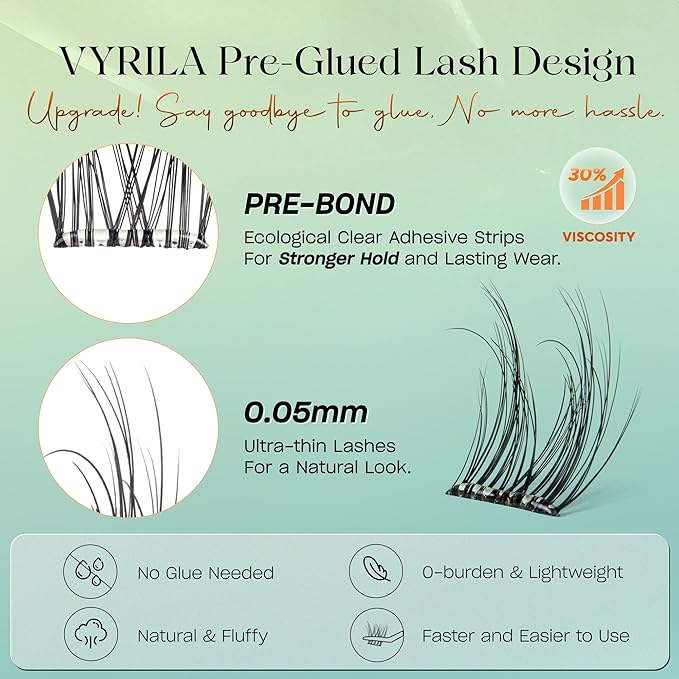 Self-Adhesive Lash Cluster, Pre-Glued Clusters, Pop-On Faux Eyelashes, 3D Thin Band D Curl Natural Look Lahses, Easy to Apply, Reusable 0.05mm Eyelash Extensions (Green Charm-D-0.05-10-16mix)
