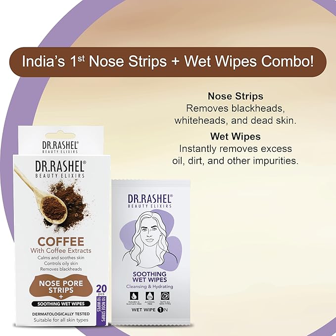 DR.RASHEL Coffee Nose Pore Strips For Pore Cleansing, Instant And Painless Blackheads Removal | Deep Purifying Blackhead Remover Strips for Nose | 20 PCS (10 Strips & 10 Wipes)