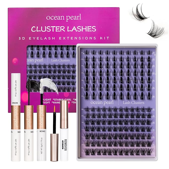 Ocean Pearl Lash Clusters Kit 154pcs,Eyelashes,spike-effect cluster lashes,10-18mm manga/anime-inspired lashes clusters,DIY Cluster Eyelash Extensions kit with lash bond+seal+remover+tweezers-M32+M35