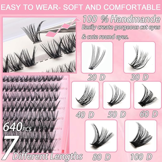 Lash Clusters Kit, 640 Pcs Eyelashes Clusters Extensions Kit 9-16mm Individual Lashes D Curl Fluffy Wispy False Eyelashes Thin Band(50D&60D)