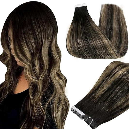 Full Shine Black Tape in Hair Extensions Human Hair 50Gram Real Hair Tape in Extensions 14Inch Glue in Human Hair 1B/27/1B Off Black Fading to Honey Blonde Seamless Hair Extensions 20Pcs Straight
