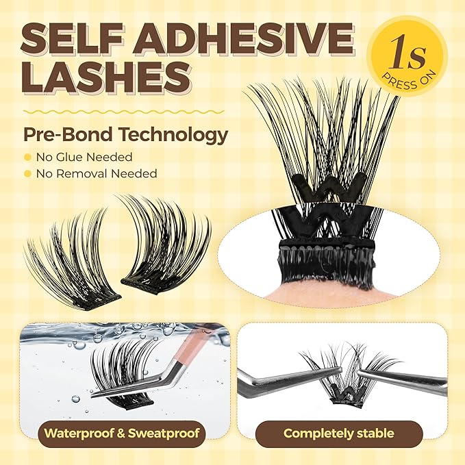 PopUp Self Adhesive Eyelashes Clusters, Press On Lashes Pre Glued Eyelash Extension Kit with Lash Tweezer,10-16mm No Glue No Remover Needed Self Adhesive Lashes Clusters ZNF23-D