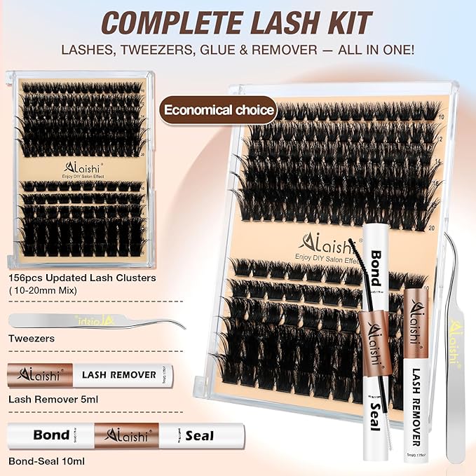 Lash Clusters Kit, DIY Cluster Eyelash Extensions 10‑20mm, 100D+200D, 156pcs Fluffy D Curl Natural Lashes with Bond & Seal,Remover,Tweezers – Fake Cat Eye Individual Clusters