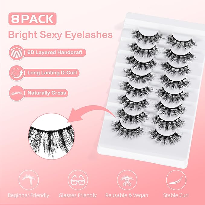 False Eyelashes Manga Anime Lashes Wispy Volume Fake Lashes Invisible Band for Cosplay 8 Pairs Faux Mink Natural Look Spiky Eyelash Strips 17MM (Bright Sexy)
