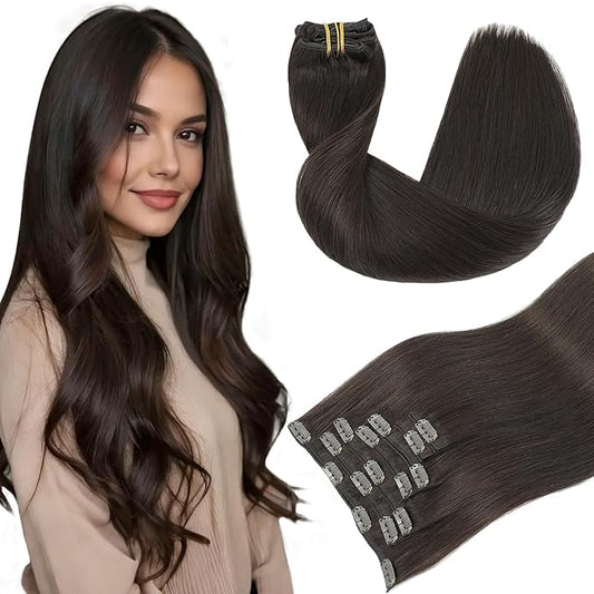 Youngsmile Clip in Hair Extensions Real Human Hair, Human Hair Extensions Clip in, Silk Straight Thick End Human Hair, 7pcs 120g 18 Inch,Color 2 Dark Brown,(CLIP#2-18Inch)