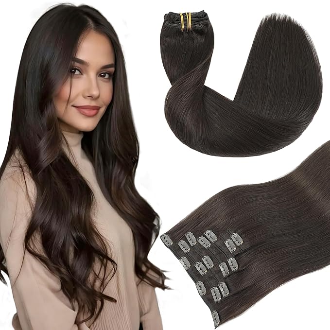 Youngsmile Clip in Hair Extensions Human Hair, Clip in Human Hair Extensions, Tangle Free,Thick End Human Hair, 20 Inch 120g 7 pieces, Color 2 Dark Brown (CLIP#2-20Inch)