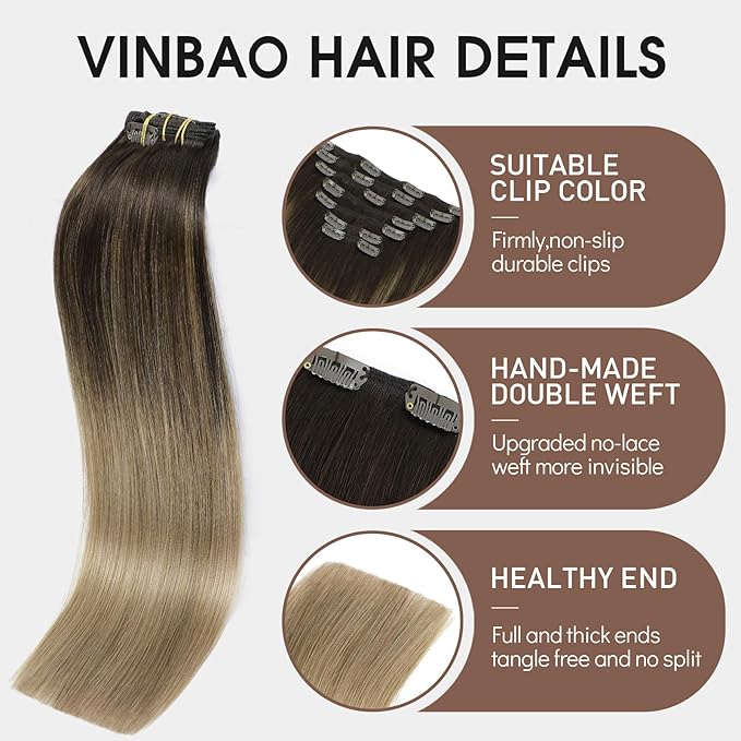 VINBAO Thicker Hair Extensions Clip in Human Hair, 18inch 160g 7Pcs, 2/6/18 Dark Brown to Chestnut Brown and Dirty Blonde Highlighted, Clip in Human Hair Extensions (#HC2618,18'')
