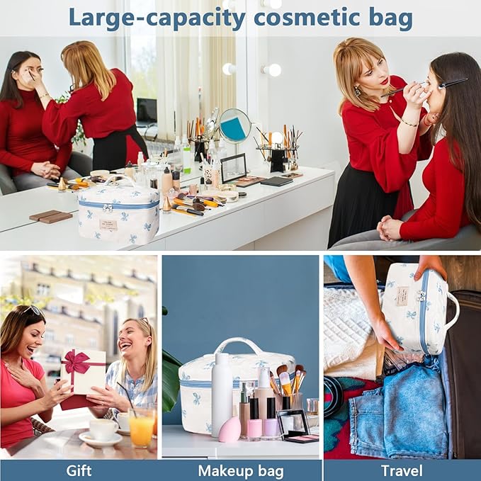 Large Makeup Bag, Cute Cosmetic Bag for Women Girls, Floral Coquette Aesthetic Toiletry Bag, Travel Make Up Organizer Bag (White Blue Butterfly Flower)