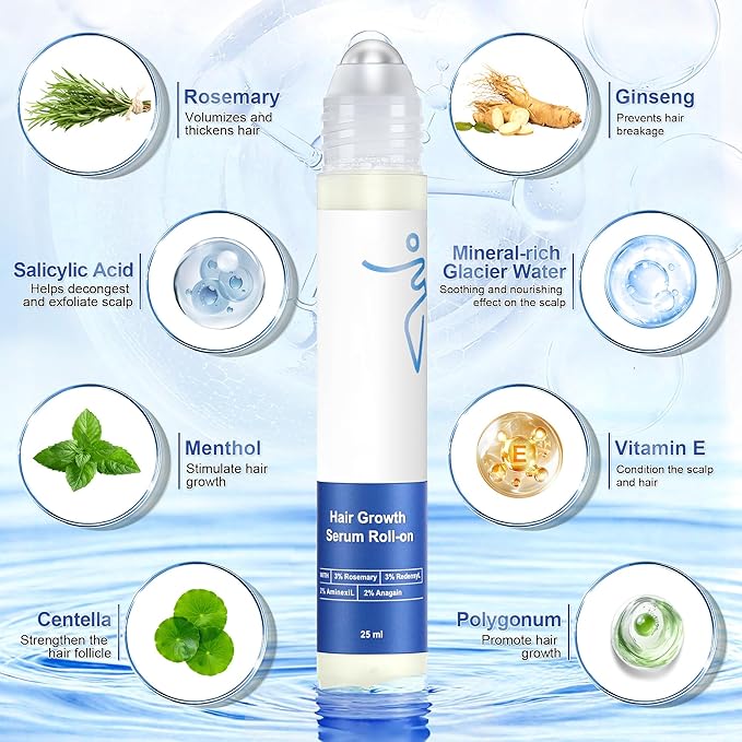 Hair Growth Serum Roll-On (25ml) Powered by 3% Rosemary, 3% Redensyl & 2% Anagain, DHT Blocker for Stronger, Thicker Hair, Paraben, Sulfate-Free, Suitable for Men & Women