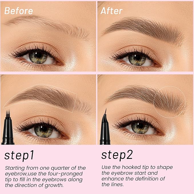 Eyebrow Pen, Waterproof Microblading Eyebrow Pencil, 2-in-1 Dual-Ended 4 Tip Eye Brow Makeup Pen for Women with Precise Curved Brush-Tip Create Natural Hair-Like Brows, Last All-Day (Cool Brown)