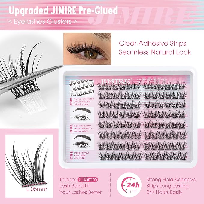 JIMIRE Manga Self Adhesive Eyelashes Natural Look 11-13MM Wispy Pre Glued Lashes Clusters Anime Press on Lash Clusters Reusable Self Adhesive Eyelash Clusters Quick to Wear