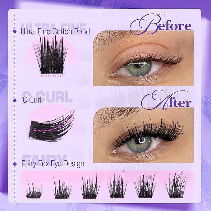Fairy Lash Clusters Cat Eye Eyelash Clusters Wispy Cluster Lash Extensions Wet Look Individual Lashes Left Right Eye Cluster Eyelash Extensions 144Pcs DIY Lashes Pack by Mavphnee