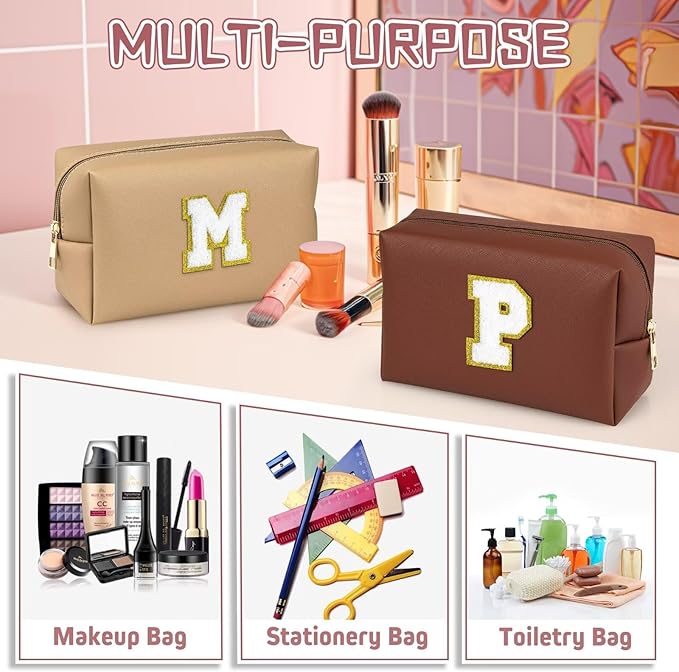 TOPEAST Preppy Patch Makeup Bag, Chenille Letter Pouch Cosmetic Bag, PU Leather Waterproof Toiletry Bag, Personalized Birthday Gift for Women Girl, Cute Stuff for Girls (Brown B)