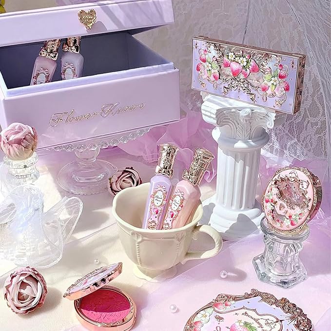 Flower Knows Violet Strawberry Rococo Gift Box Set,7-Piece Makeup Box with Mirror,Lip Gloss×2+Blush×2+Blush Brush×1+Hair Clip×1+Gift Box×1,Perfect Makeup Gift for Girls & Women