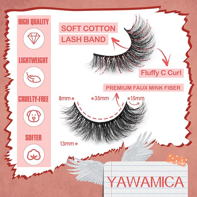 False Eyelashes Natural Mink Lashes 15mm Wispy Curly Eyelashes 5D Fluttery Volume Cat Eye Fake Lashes Pack 8 Pairs by Yawamica