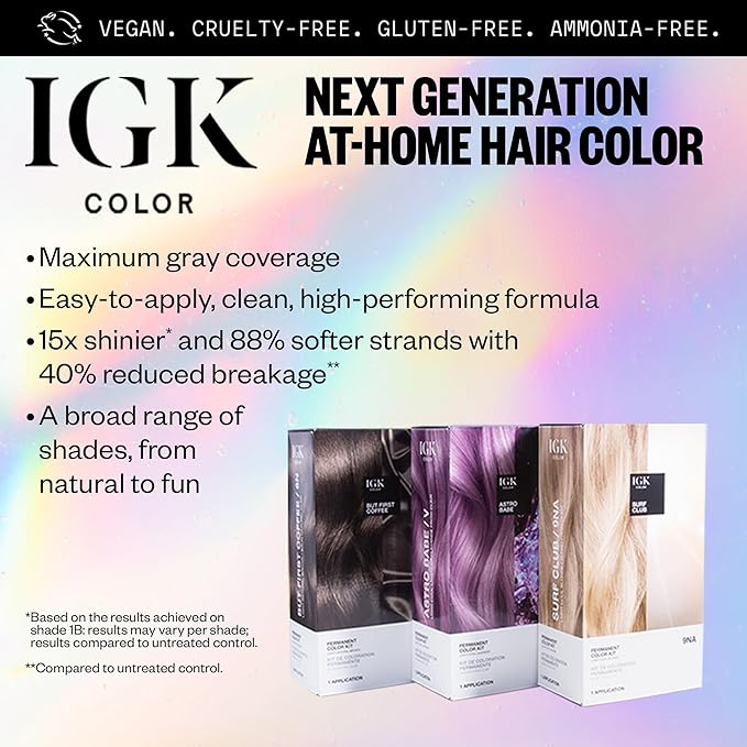 IGK Permanent Hair Dye Color Kit Set of Two | 1B Moon Dance - Darkest Blue Black | 100% Gray Color Coverage + Strengthen + Shine | Ammonia Free
