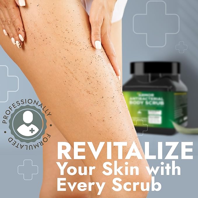 Exfoliating Body Scrub with Antibacterial Formula | Body Scrub Kills 99.9% of Germs & Bacteria | Manuka Honey & Charcoal | Deep Cleansing & Purifying for Smooth, Fresh, Healthy Skin | 16 fl oz Jar