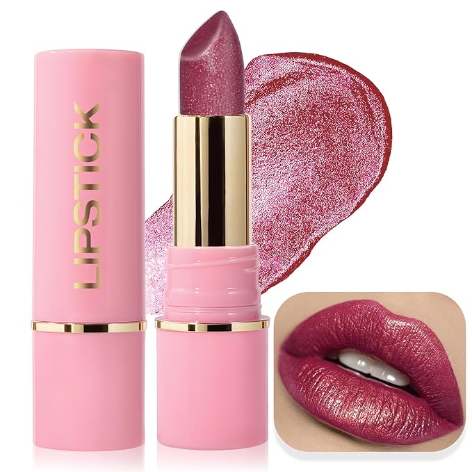 Glitter Lipstick Metallic Lip Stick Long Lasting Waterproof High Shine Diamond Creamy Shimmer Lipstick for Women Transfer Proof Full Coverage Sparkling Hot Pink Lip Crayon Color Makeup, 6