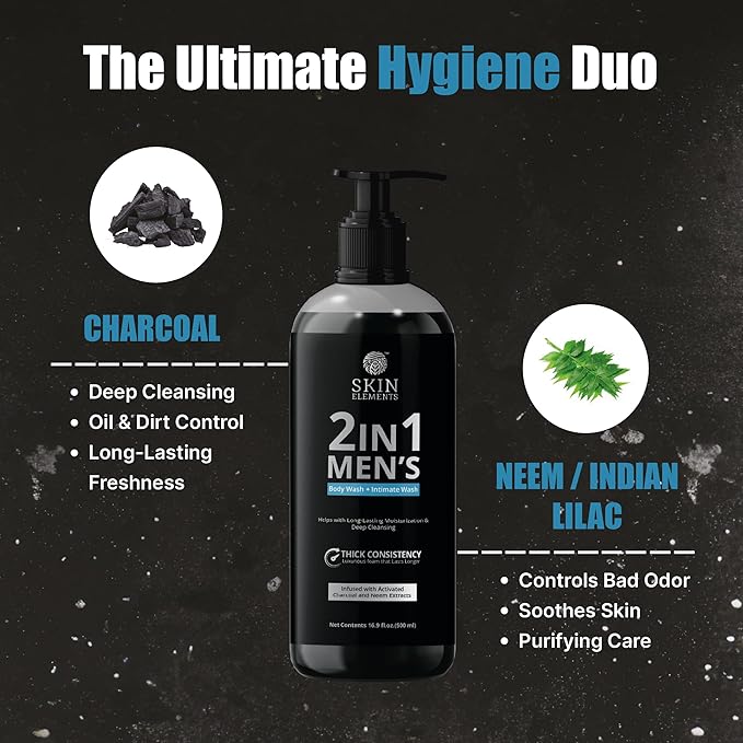 Skin Elements 2-in-1 Body & Intimate Wash for Men | 60+ Days of Usage | Daily Refreshing Wash | Natural Goodness of charcoal & Neem extracts | Thicker Consistency | Long Lasting Freshness |16.9 Fl. Oz