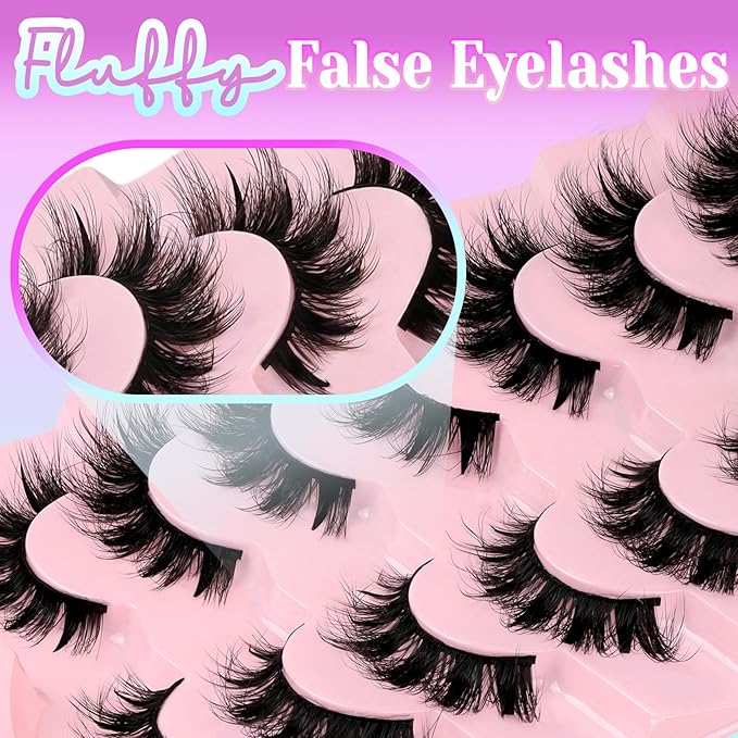 Losha Lashes Wispy False Eyelashes Fluffy Cat Eye Lashes 7 Pairs C Curl Lashes Strips Wet Look 10-17mm Fake Eyelashes with Lash Spikes (FC01)