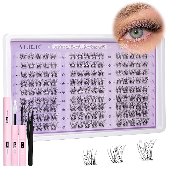 ALICE Natural Lash Extension Kit Lash Clusters Kit Wispy Cluster Eyelash Extension Kit with 135pcs Clear Band C-Curly 10-14mm Eyelash Clusters Lash Glue Bond and Seal