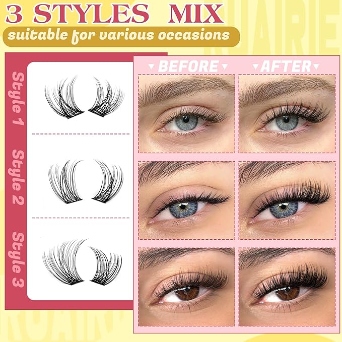 Ruairie Natural Lash Clusters Wispy Eyelash Clusters 3 Styles 10-16MM Cluster Eyelash Extensions CD Curly Individual Lashes 140pcs DIY Lash Extensions with Soft Thin Band