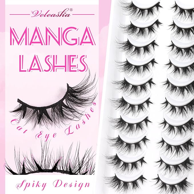 Veleasha Manga Lashes Cat Eye Lashes with Spiky V Shape Clusters 7-16MM C Curl Anime False Eyelashes 100% Handmade Luxurious Faux Mink Eyelashes (Spiky03)