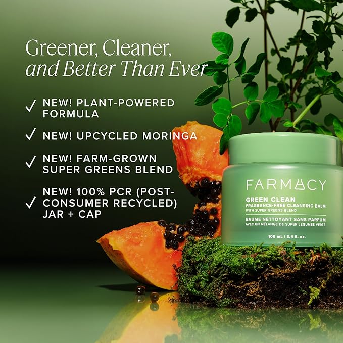 Farmacy Makeup Remover Cleansing Balm - Green Clean Waterproof Makeup Remover + Oil Based Cleanser - Newly Formulated Double Cleanser with Plant Based Waxes + Upcycled Moringa - Fragrance Free (200ml)