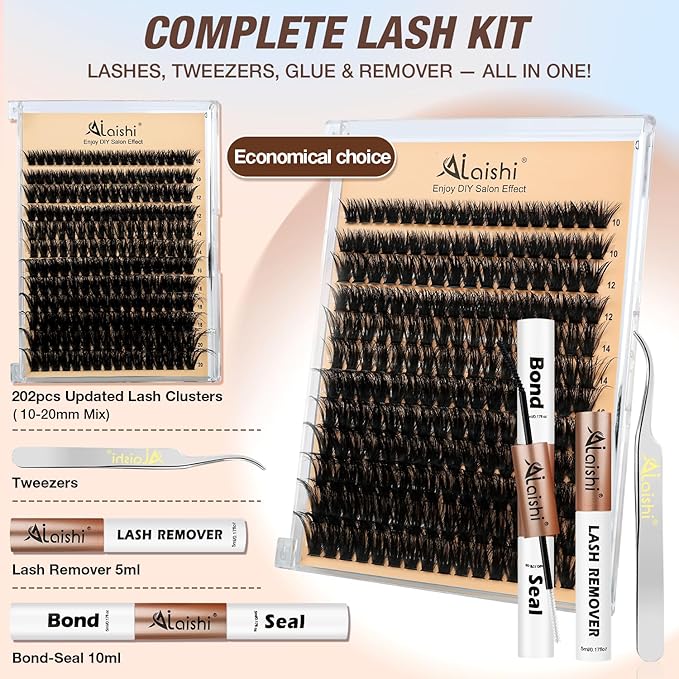 Lash Clusters Kit, DIY Cluster Eyelash Extensions 10‑20mm, 90D, 202pcs Fluffy D Curl Natural Lashes with Bond & Seal,Remover,Tweezers – Fake Cat Eye Individual Clusters