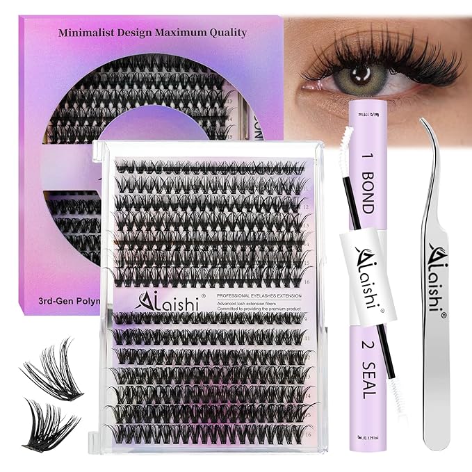 Lash Clusters Kit, DIY Cluster Eyelash Extensions 9‑16mm, 40D+50D, 280pcs Fluffy D Curl Natural Lashes with Bond & Seal,Tweezers–Fake Cat Eye Wispy Individual Clusters
