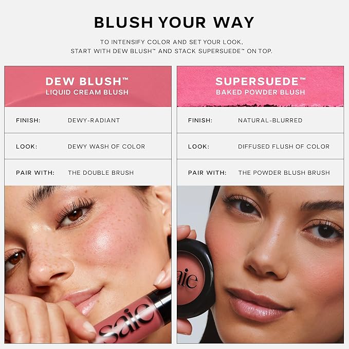 Saie SuperSuede Baked Blush - Talc-Free Powder Blush for Cheeks Infused with Hyaluronic Acid, Glycerin + Squalane - Hydrating Face Makeup for a Natural, Diffused Flush of Color - Mia (0.1 Ounce)