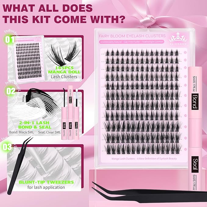 Wispy Lash Clusters Kit Manga Eyelash Extensions Kit with Lash Bond and Seal Spiky Doll Lash Extensions Natural Individual Lashes Kit 165Pcs 8MM-16MM
