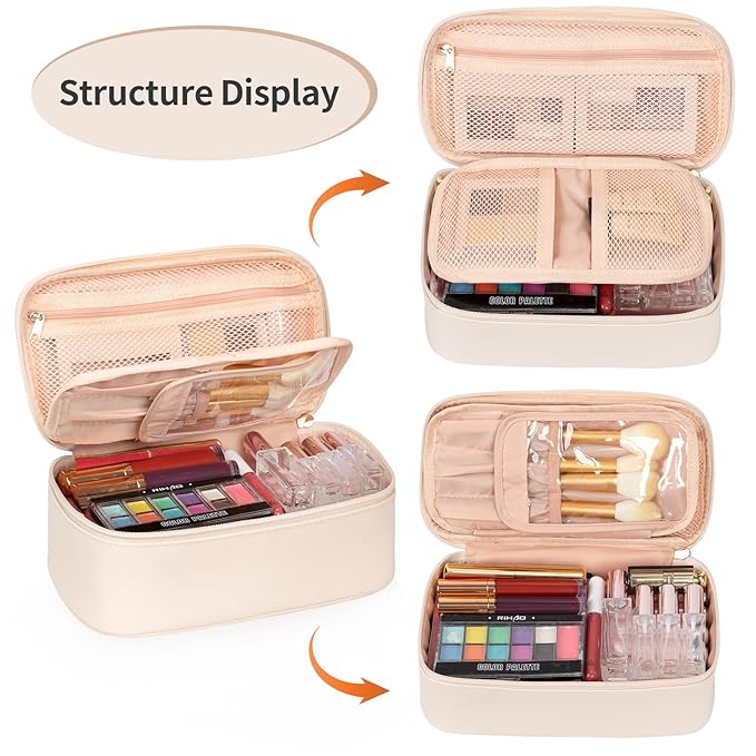 OCHEAL Small Makeup Bag,Portable Cute Makeup Pouch Travel Bag for Women and Girls with Makeup Brush Compartment Organizer cosmetics Bags-Beige