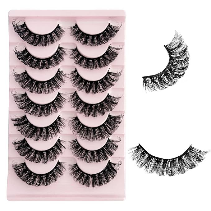Mink Lash Fluffy Natural Look D Curl Eyelashes that Look Like Extensions Short Thick Lashes 7 Pair Wispy Cat Eye Strip False Volume Lash Pack 8-16mm Full Mega Double Stacked Eyelash Small Fake Lashes