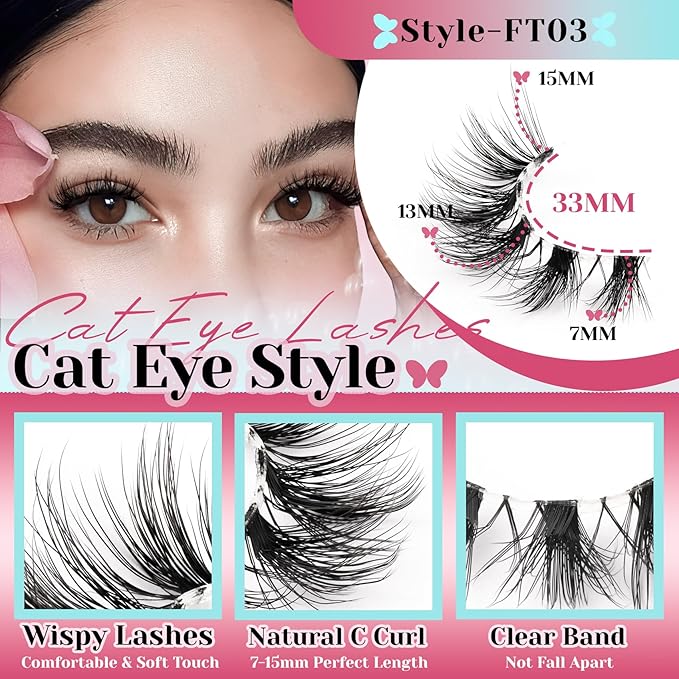 Losha Lashes Wispy Cat Eye Lashes 10 Pairs Natural False Eyelashes with Clear Band 7-15mm Fake Lashes C Curl Lash Strips Lightweight with Soft Design (FT03)