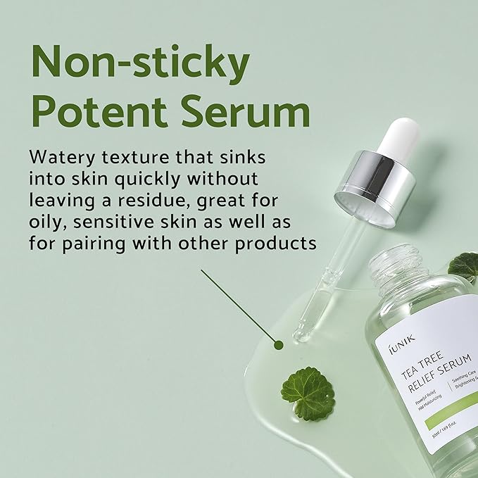 IUNIK Tea Tree Relief Vegan Serum for Acne-Prone Skin – Non-Sticky & Lightweight Facial Ampoule with Centella Asiatica for Soothing, Calming, and Balancing – Korean Skincare