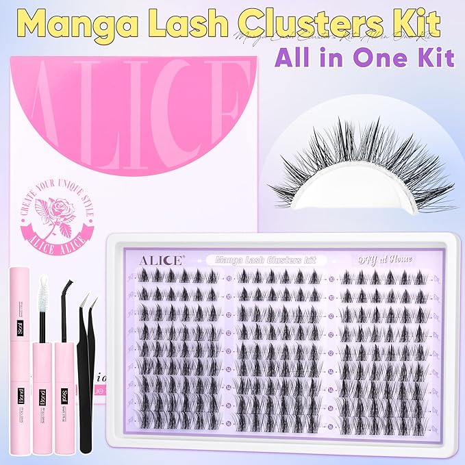ALICE Manga Lash Clusters Kit Natural Wispy Cluster Eyelash Extension Kit Anime Lash Extension Kit 162pcs Clear Band C-Curly 10-16mm Eyelash Clusters Kit with Lash Glue Bond and Seal