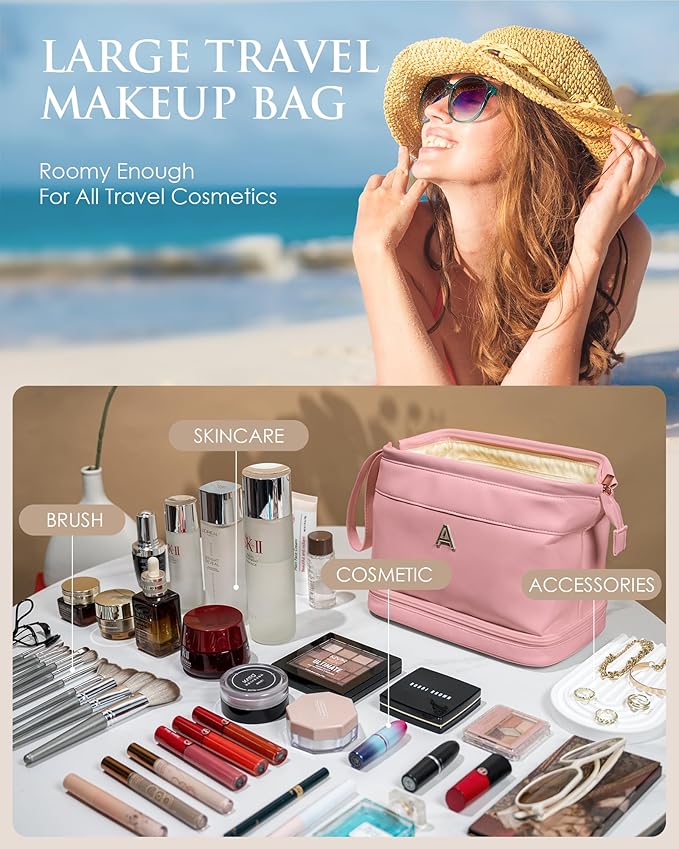 Gifts for Her Birthday-Gift Ideas for Woman Initial Large Makeup Bag, Personalized Double Layer Cosmetic Bag with Makeup Brush Organizer, Waterproof, Travel Toiletry Bag for College Girls