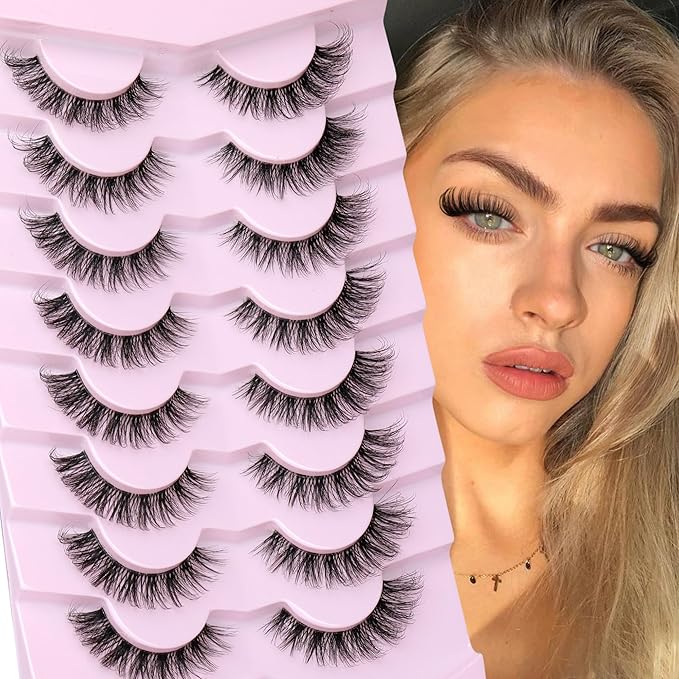 JIMIRE Demi Wispies False Eyelashes Natural Look Invisible Lash Band Cat Eye Lashes 15MM Mink Lashes Fluffy Russian D Curl Strip Lashes Look Like Lash Extensions Pestañas 8 Pairs Pack