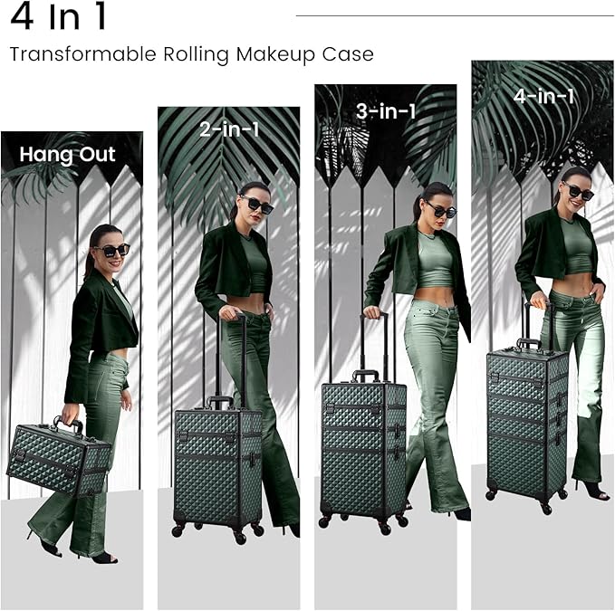 Stagiant Rolling Makeup Case 4 in 1 Cosmetology Case on Wheels Makeup Travel Case with Cosmetic Bag Key Swivel Wheels Salon Barber Case Traveling Cart Trunk Cosmetic Trolley Green
