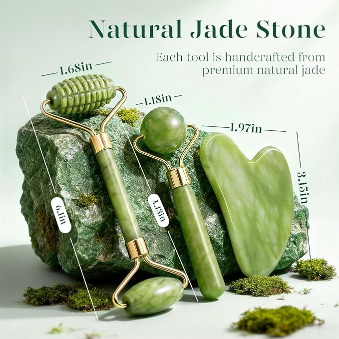 BAIMEI IcyMe Gua Sha and Jade Roller for Face, Natural Jade Face Roller with Ridge Design for Reducing Puffiness & Skin Firming,Facial Sculpting Tool, Self Care Gift for Women Men