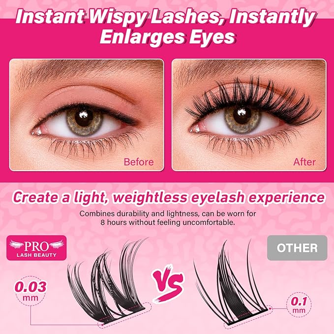 PROLASHBEAUTY Flora Lash Clusters Kit with Lash Bond and Seal Eyelash Applictor Lash Remover DIY Lash Extension Kit for Beginner Waterproof Resuable Eyelash Extensions at Home (Flora,8-18mix)
