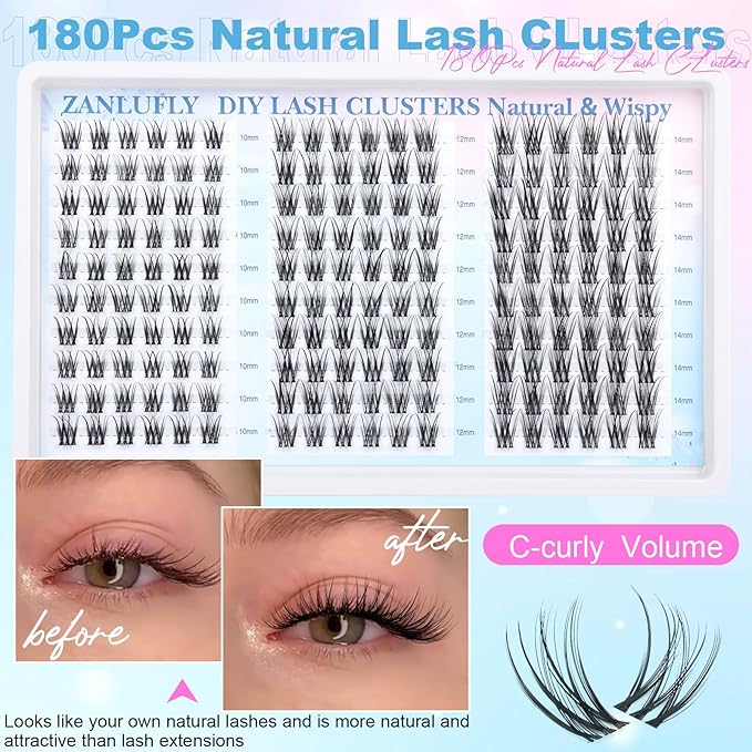Lash Clusters Wispy Eyelash Clusters Natural C-Curly Cluster Lashes zanlufly Wispy Individual Lashes 180Pcs Eyelash Extension 10 12 14MM DIY Lash Extension